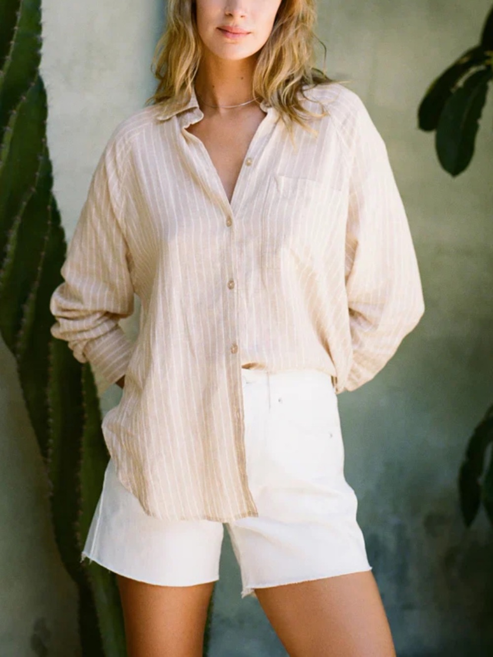 Z supply oversized xs linen blend Beige Striped Button-Down Shirt - nwt